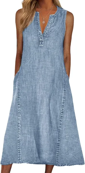 CHARTOU Women Casual Sleeveless Denim Midi Dress A Line Summer