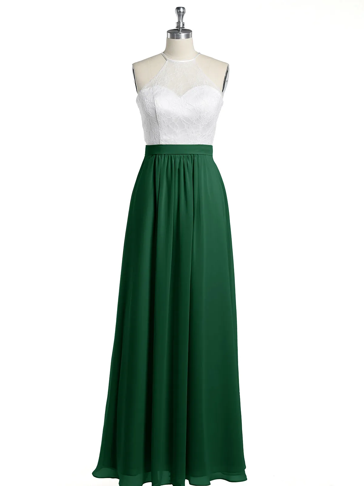 Chiffon Long Dresses with Ivory Lace Bodice-Dark Green Plus Size