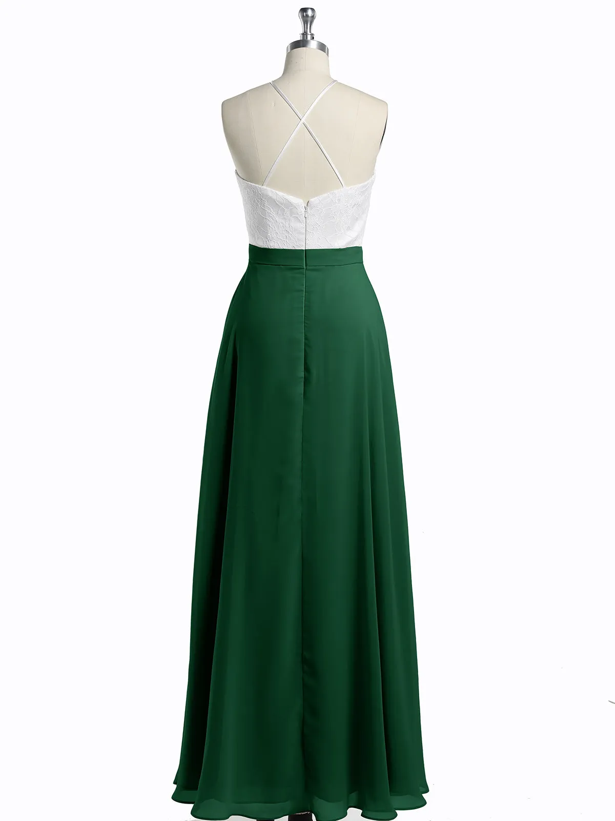 Chiffon Long Dresses with Ivory Lace Bodice-Dark Green Plus Size
