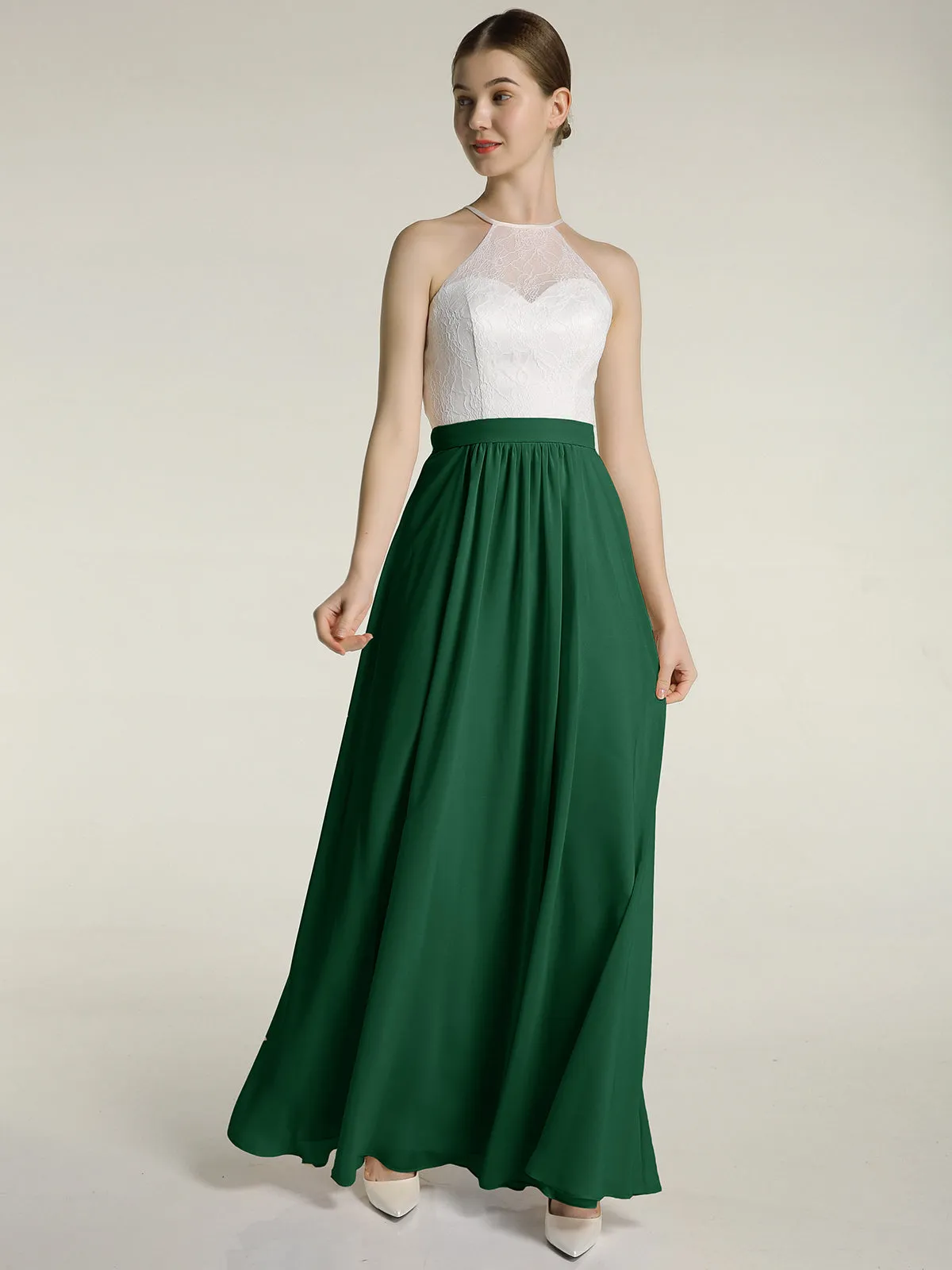 Chiffon Long Dresses with Ivory Lace Bodice-Dark Green Plus Size
