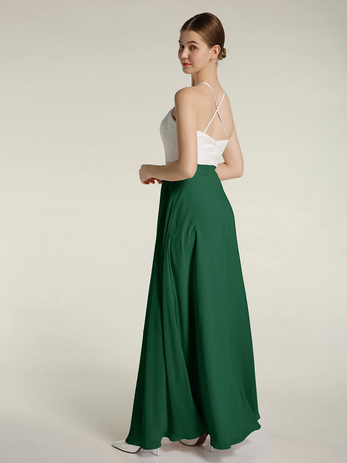 Chiffon Long Dresses with Ivory Lace Bodice-Dark Green Plus Size