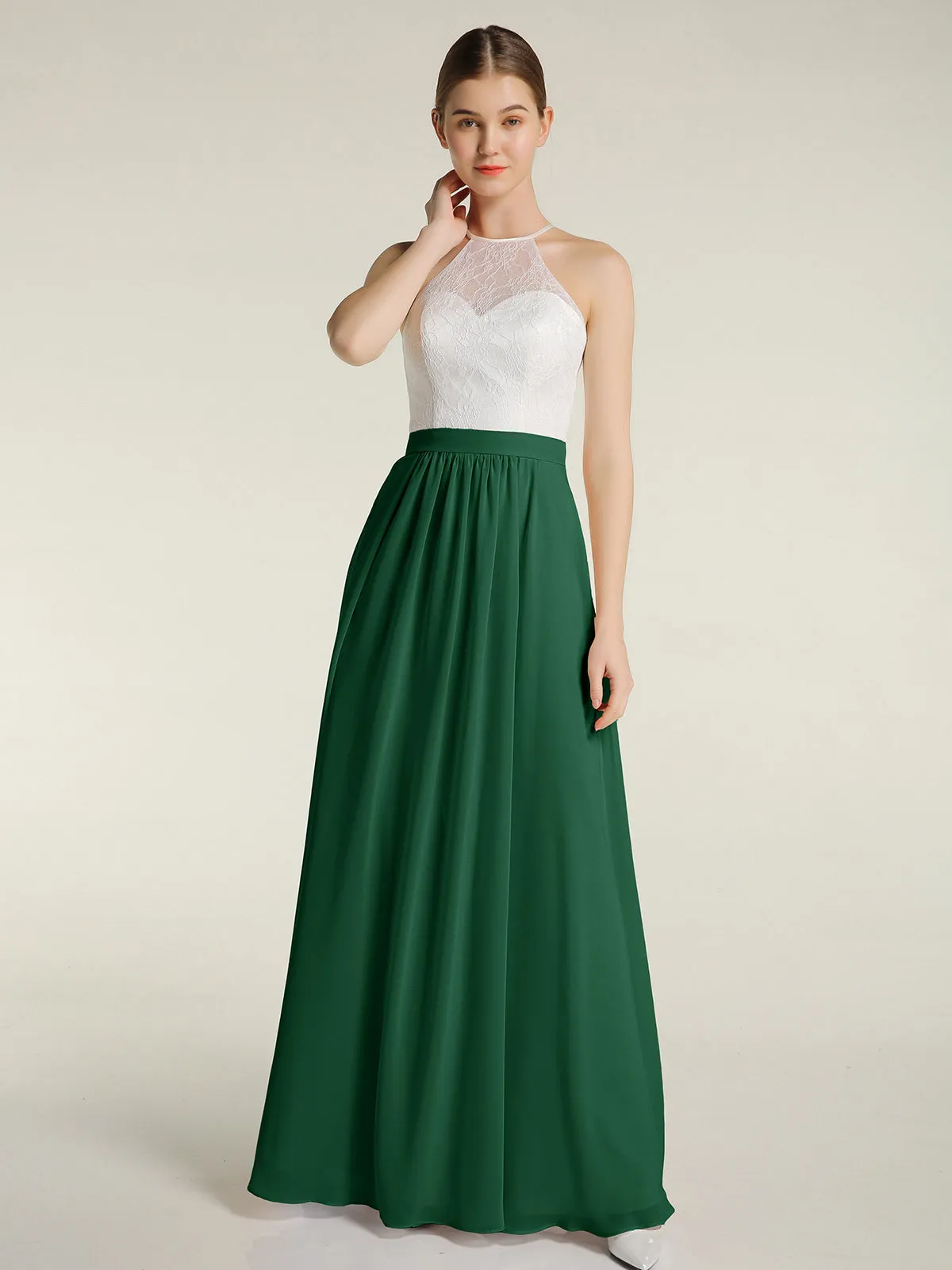 Chiffon Long Dresses with Ivory Lace Bodice-Dark Green Plus Size