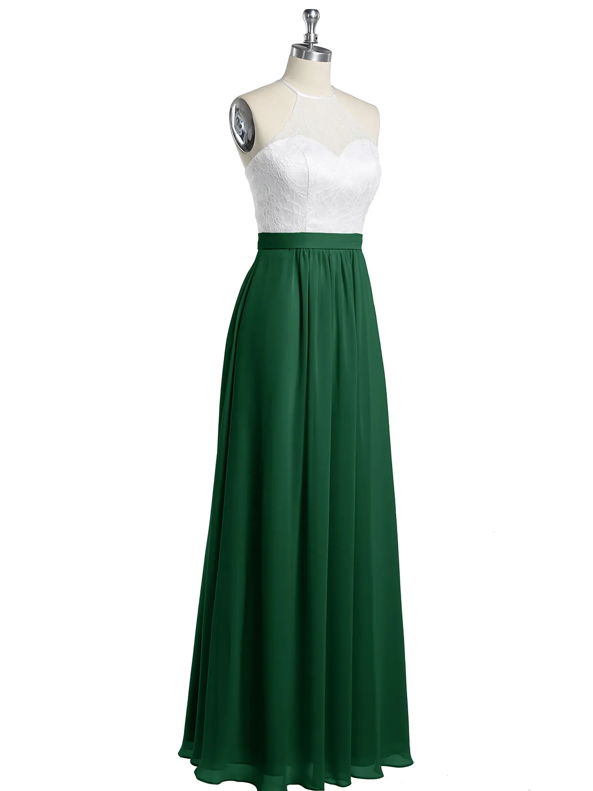 Chiffon Long Dresses with Ivory Lace Bodice-Dark Green Plus Size