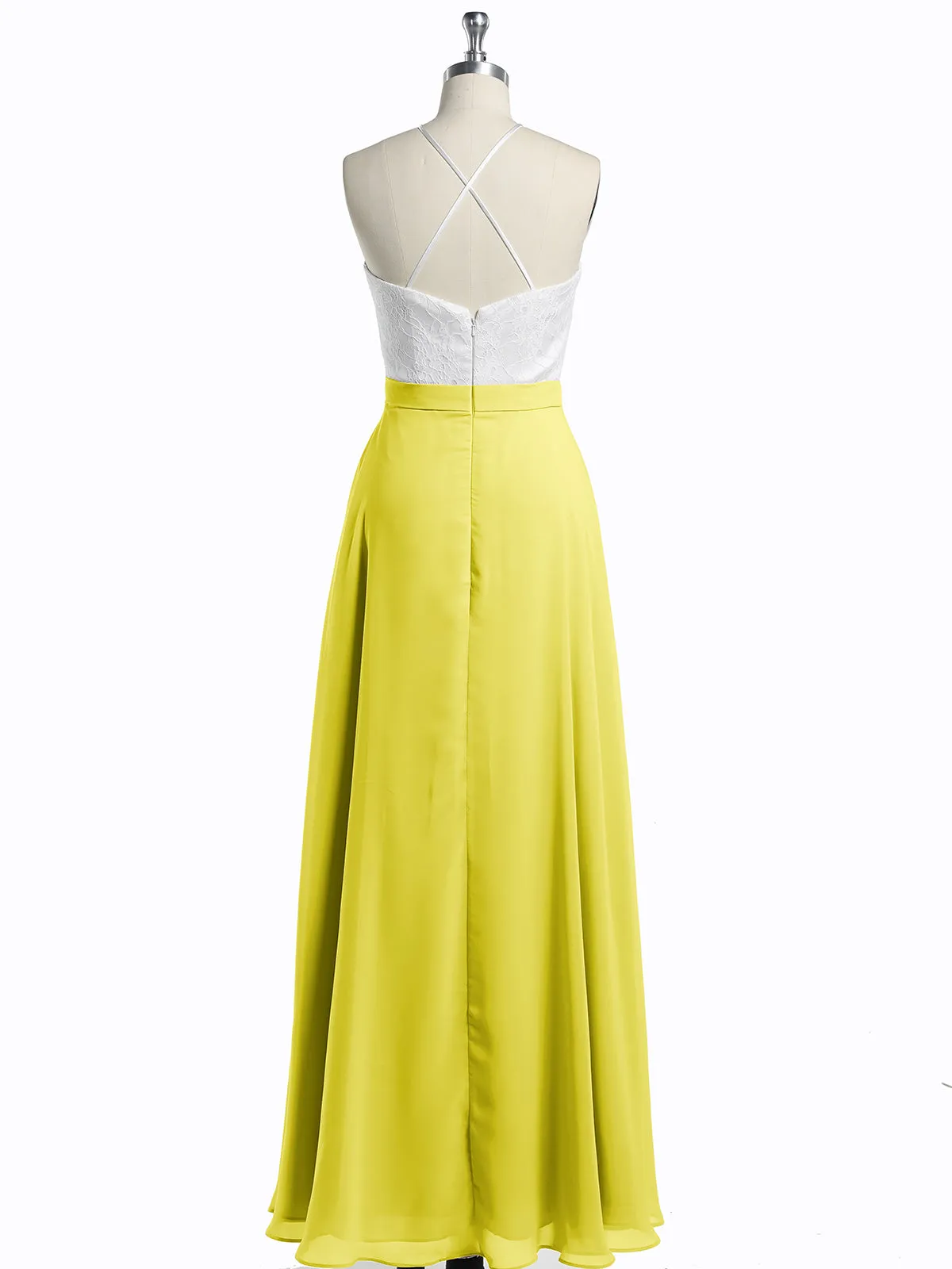 Chiffon Long Dresses with Ivory Lace Bodice-Lemon