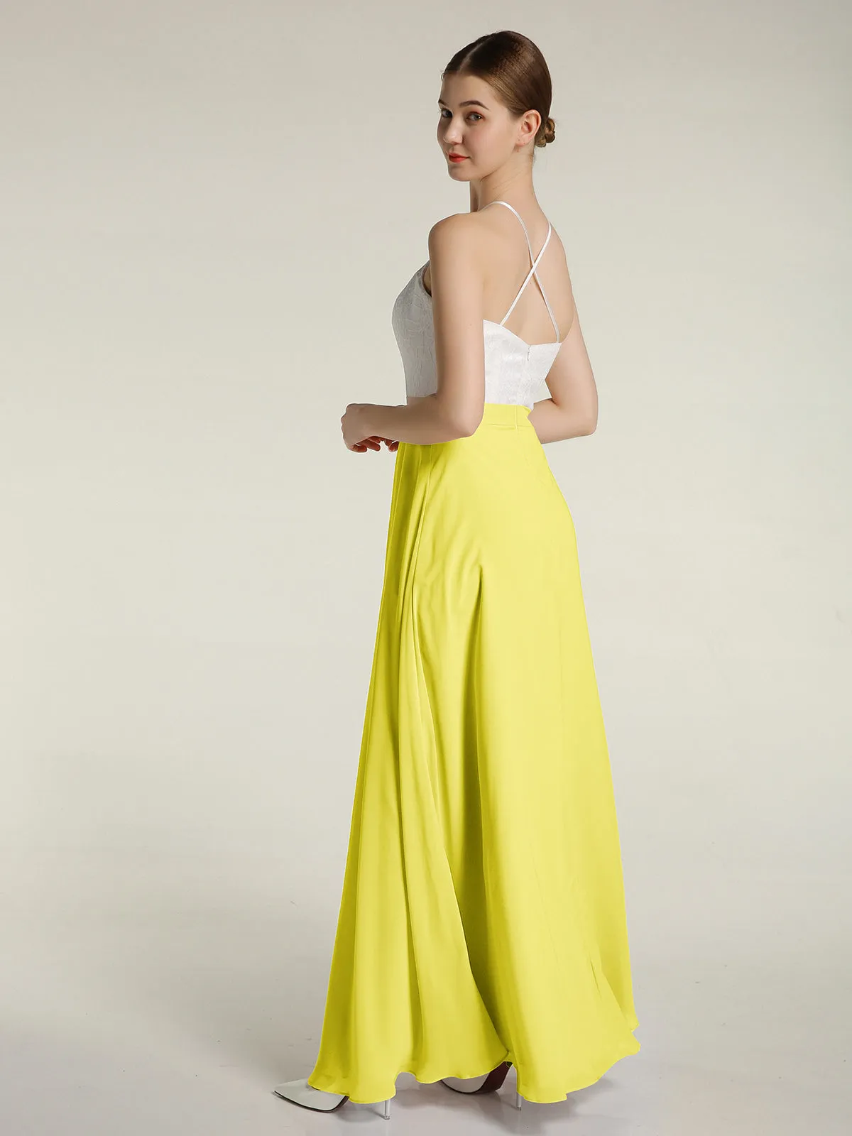 Chiffon Long Dresses with Ivory Lace Bodice-Lemon