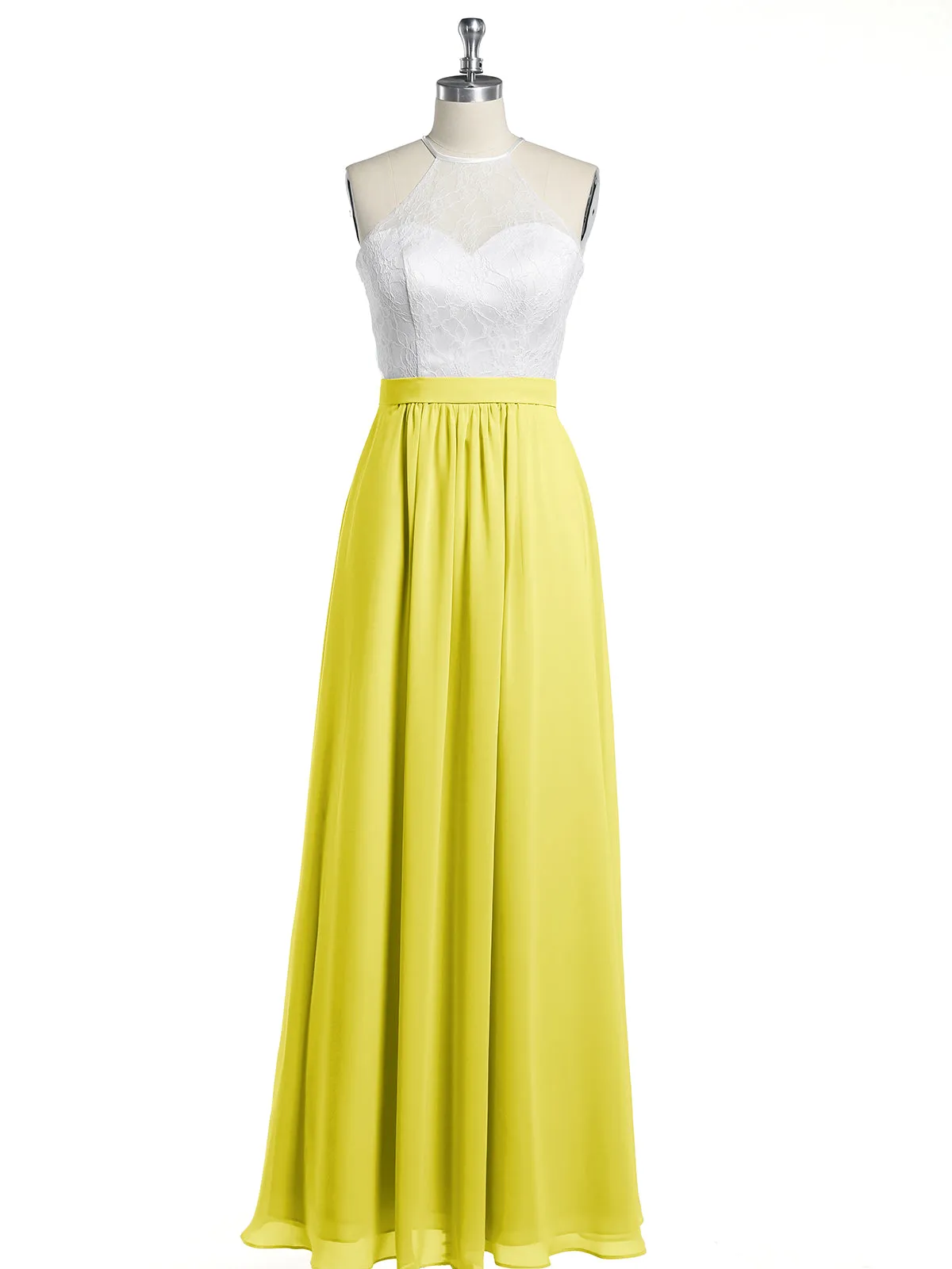 Chiffon Long Dresses with Ivory Lace Bodice-Lemon