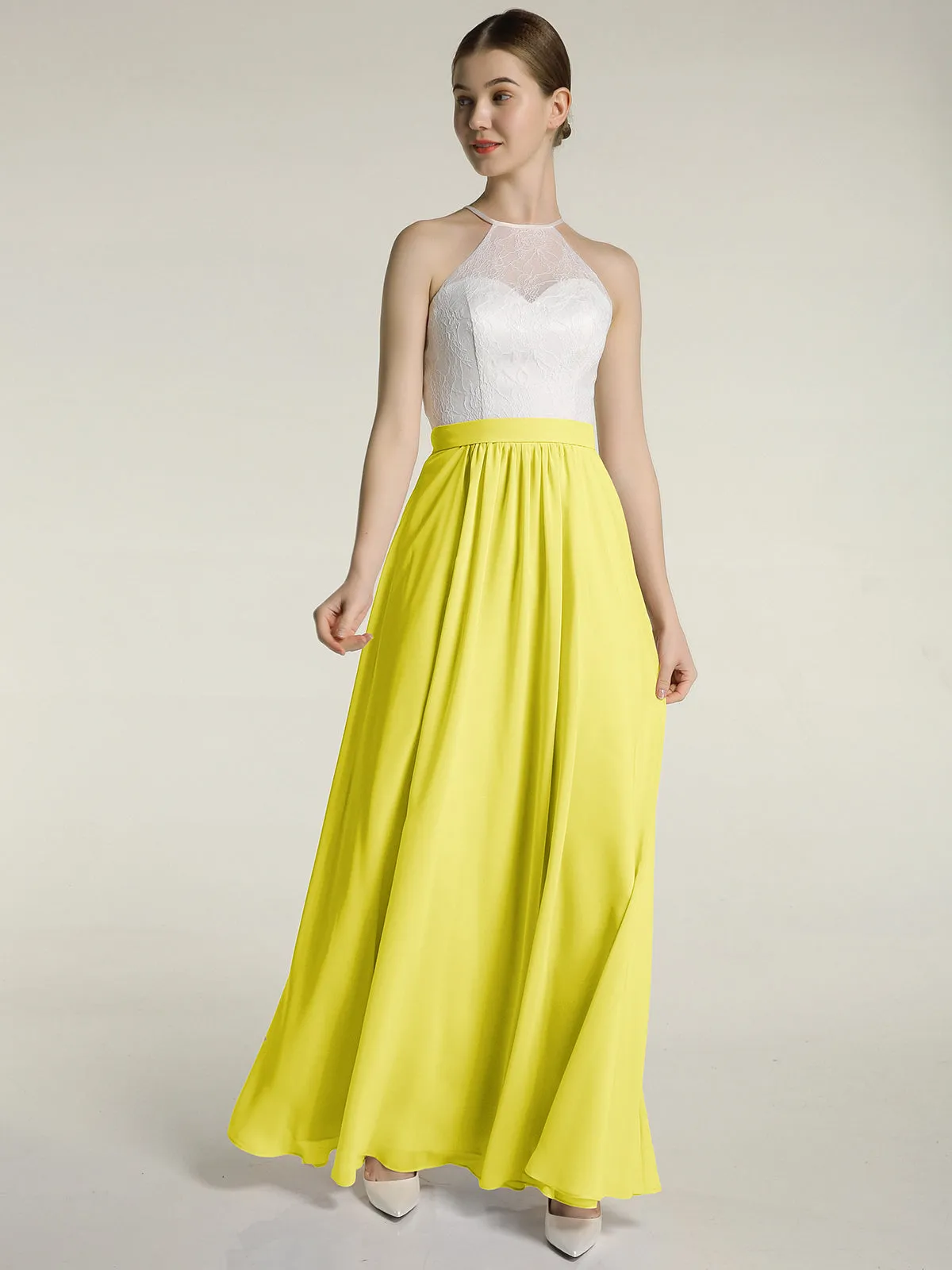 Chiffon Long Dresses with Ivory Lace Bodice-Lemon