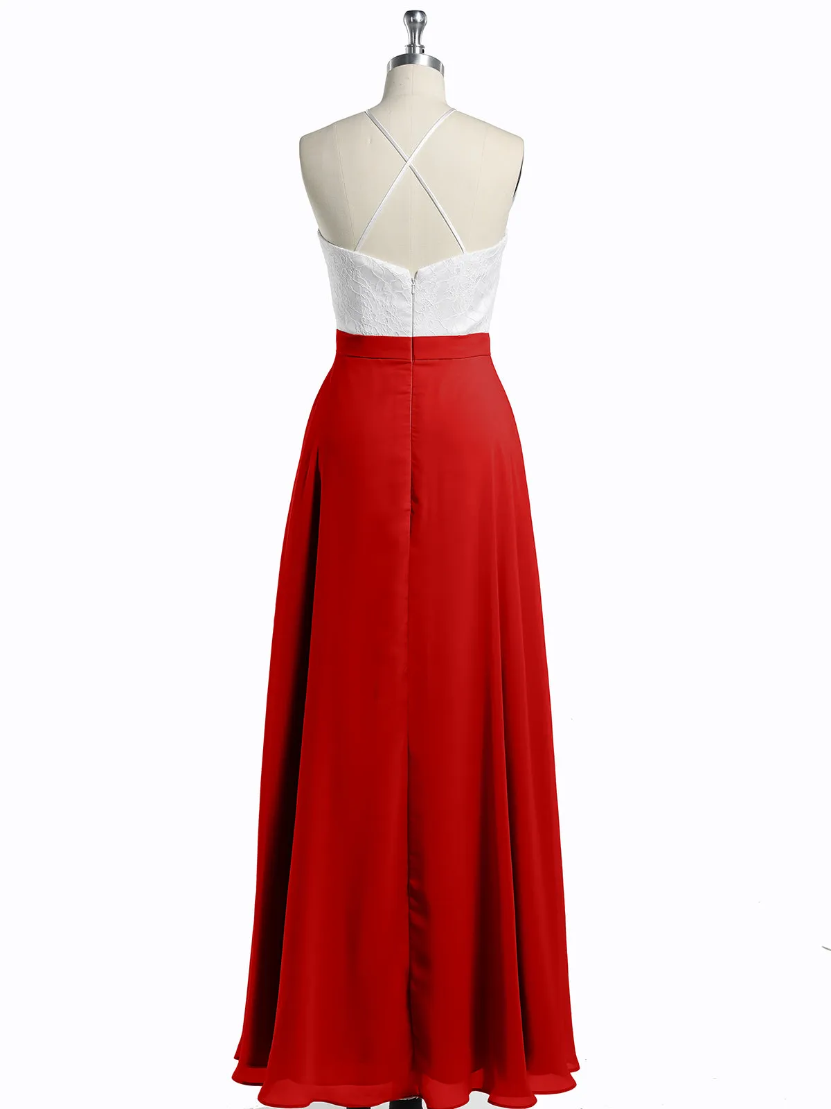 Chiffon Long Dresses with Ivory Lace Bodice-Red Plus Size
