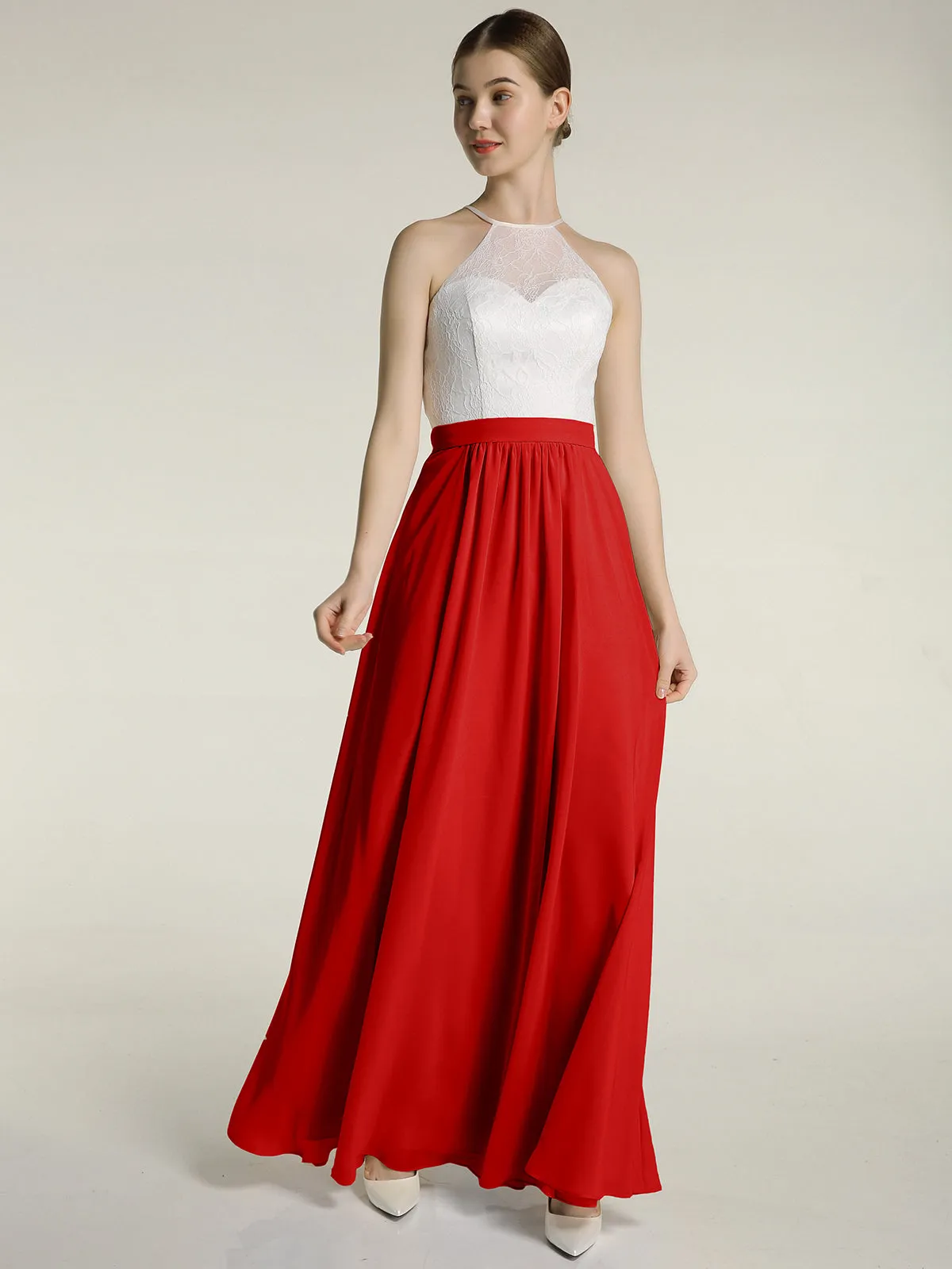 Chiffon Long Dresses with Ivory Lace Bodice-Red Plus Size