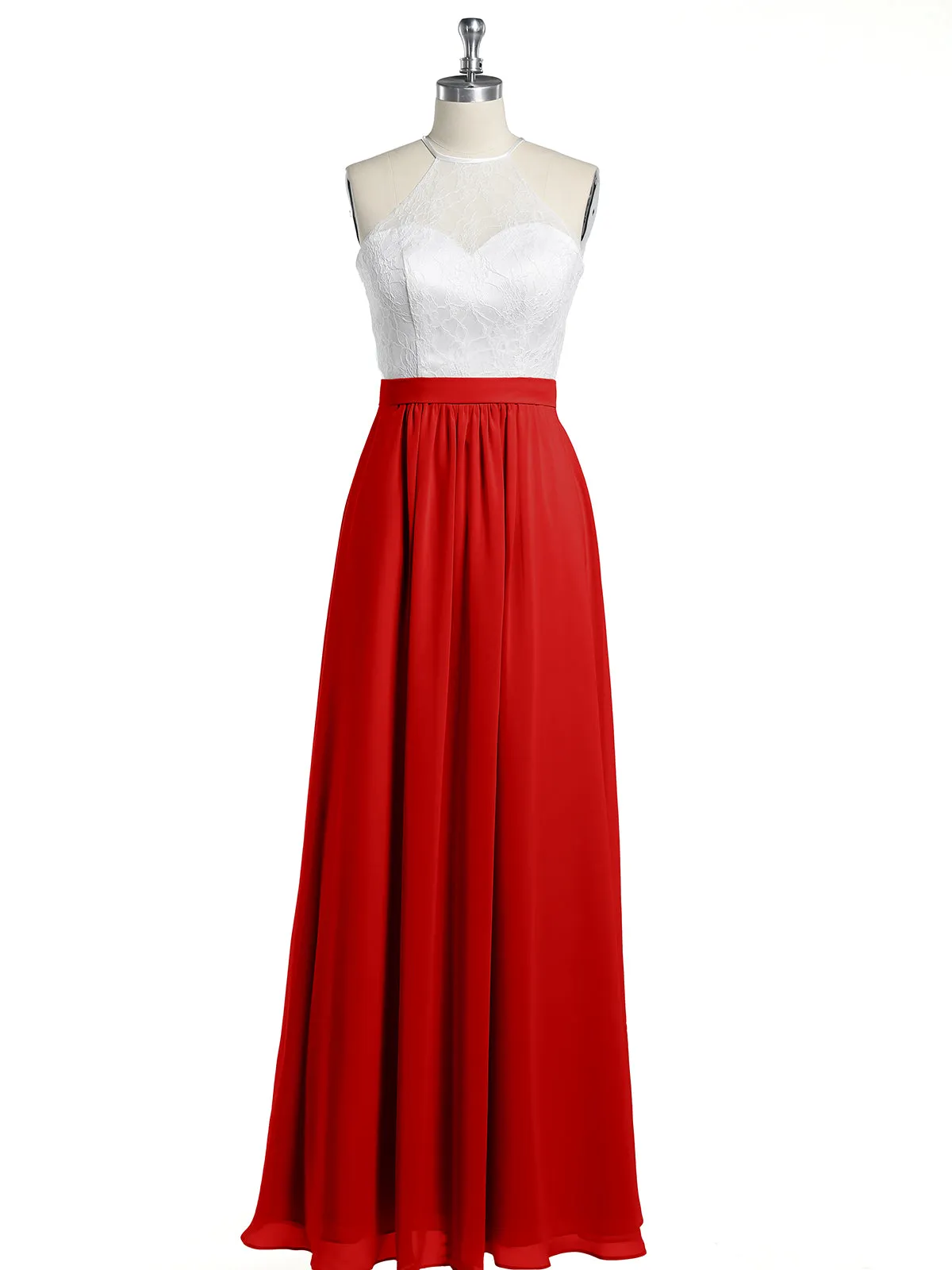 Chiffon Long Dresses with Ivory Lace Bodice-Red Plus Size