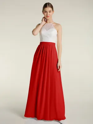 Chiffon Long Dresses with Ivory Lace Bodice-Red Plus Size