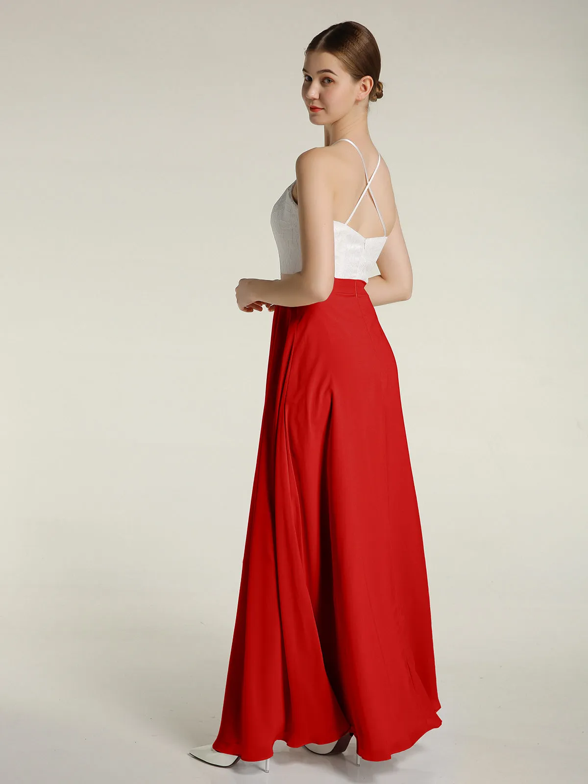 Chiffon Long Dresses with Ivory Lace Bodice-Red Plus Size