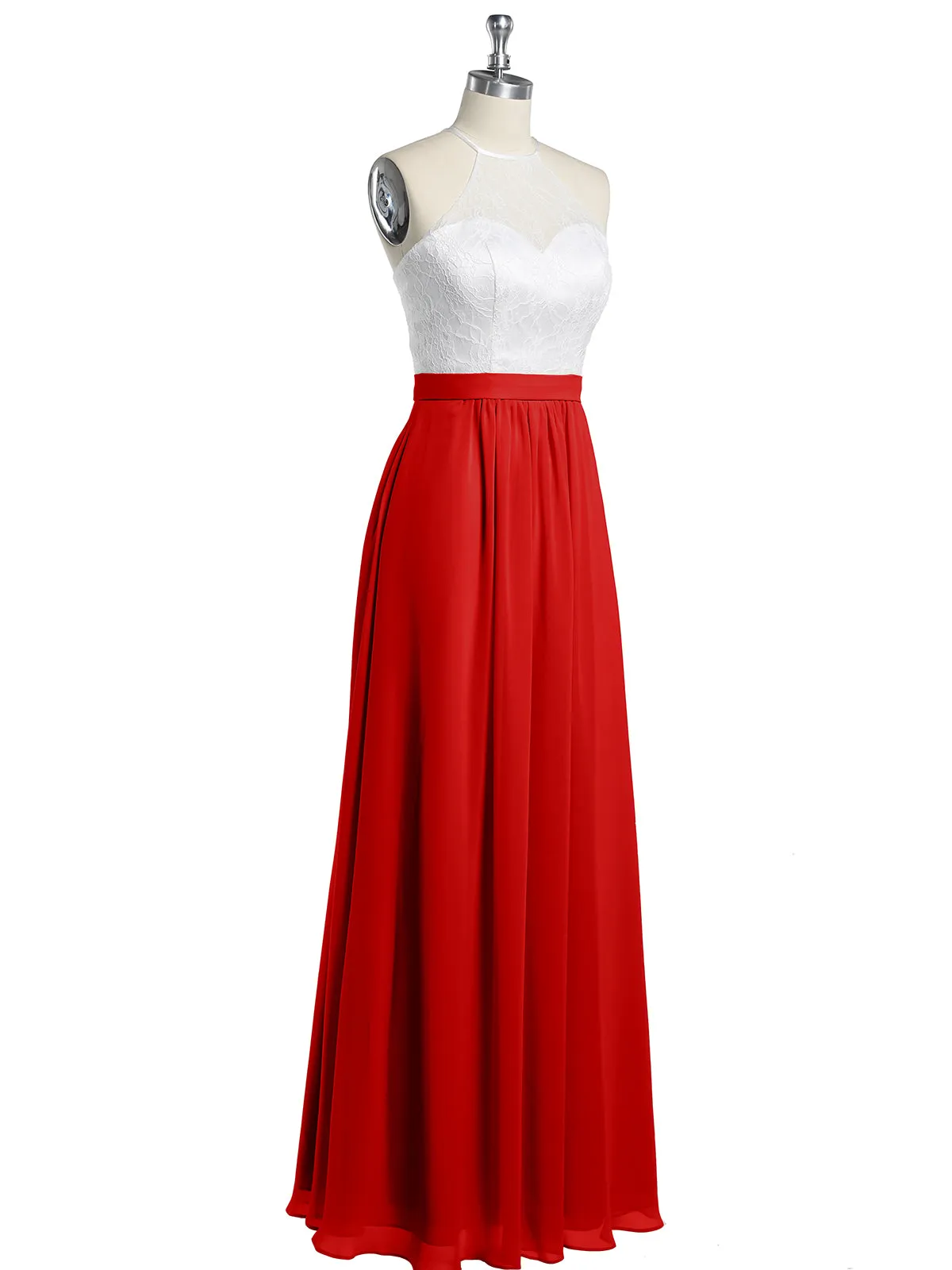 Chiffon Long Dresses with Ivory Lace Bodice-Red Plus Size