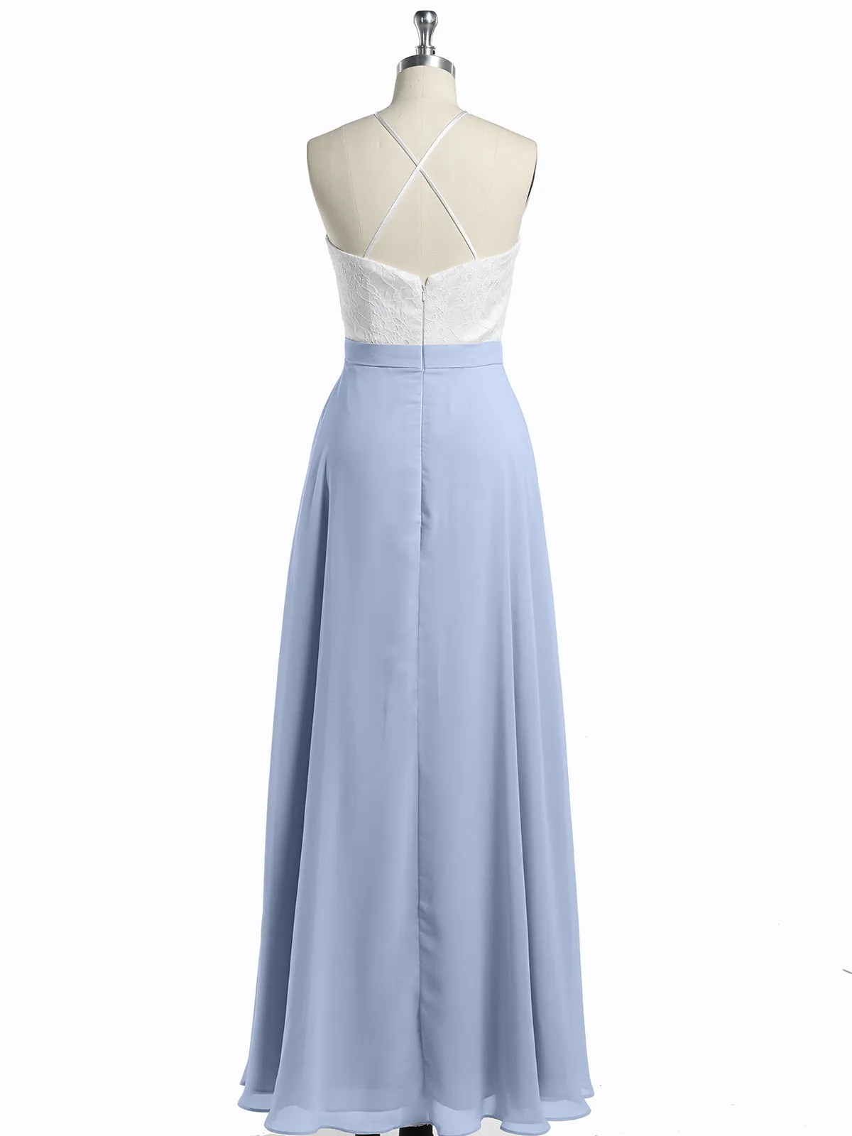 Chiffon Long Dresses with Ivory Lace Bodice-Sky Blue Plus Size