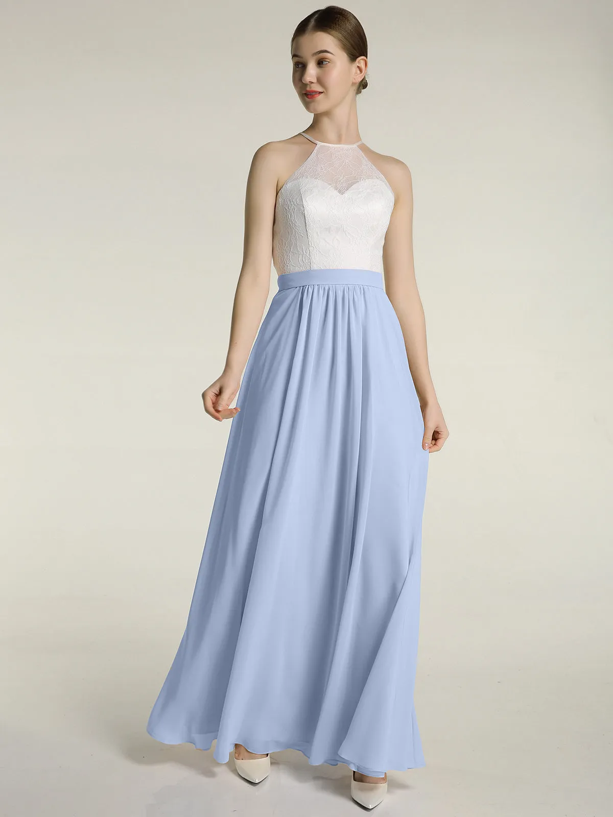 Chiffon Long Dresses with Ivory Lace Bodice-Sky Blue Plus Size