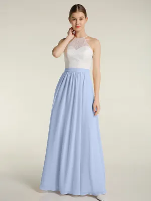 Chiffon Long Dresses with Ivory Lace Bodice-Sky Blue Plus Size