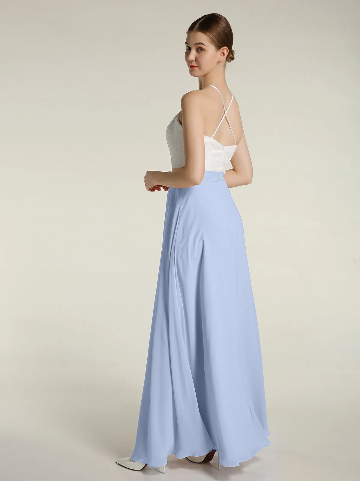 Chiffon Long Dresses with Ivory Lace Bodice-Sky Blue Plus Size