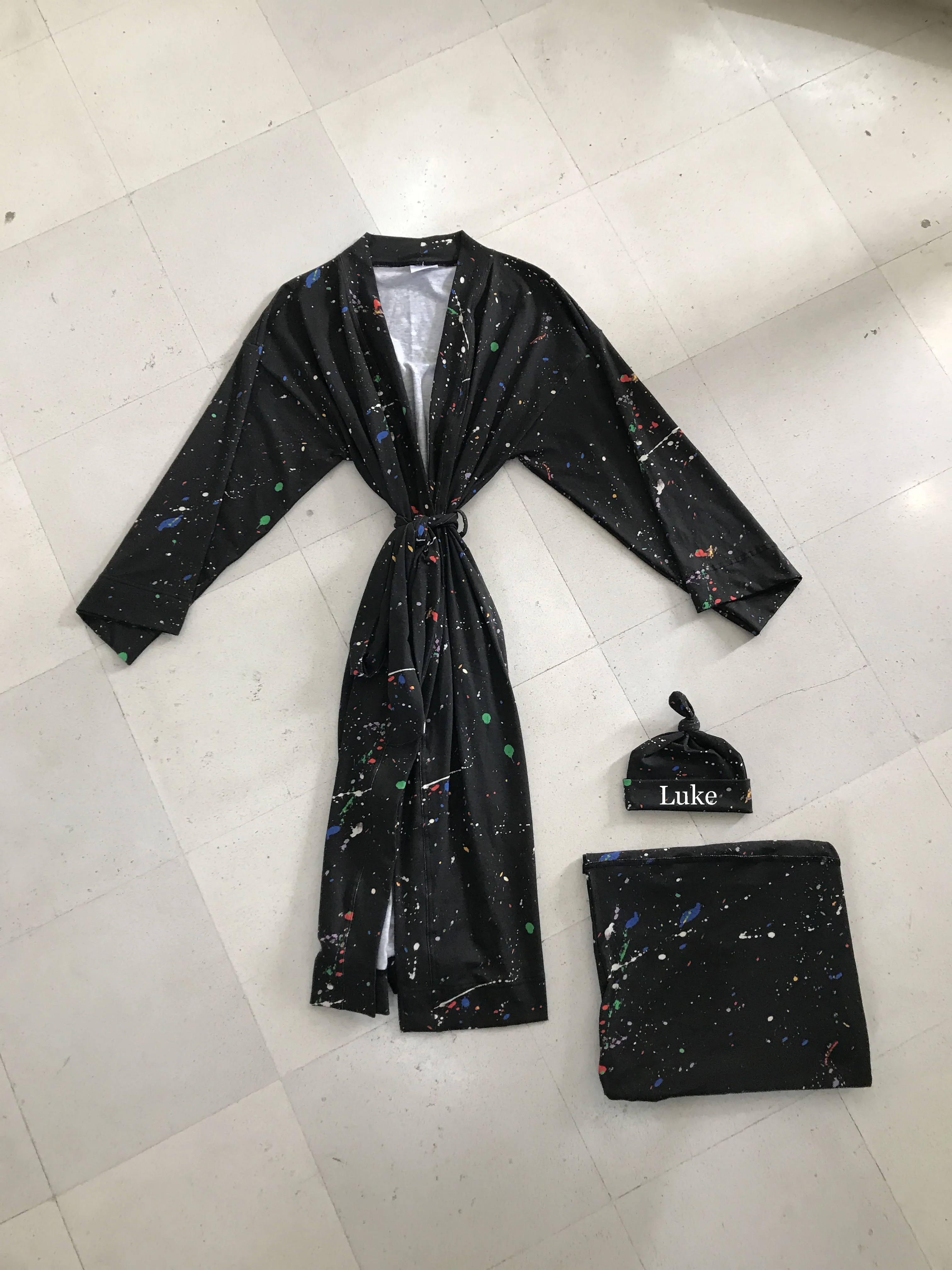 Color Splash Matching Maternity Family Outfit Set  Robe, Swaddle, Hat, Dad Tee & Big Sibling Shirt