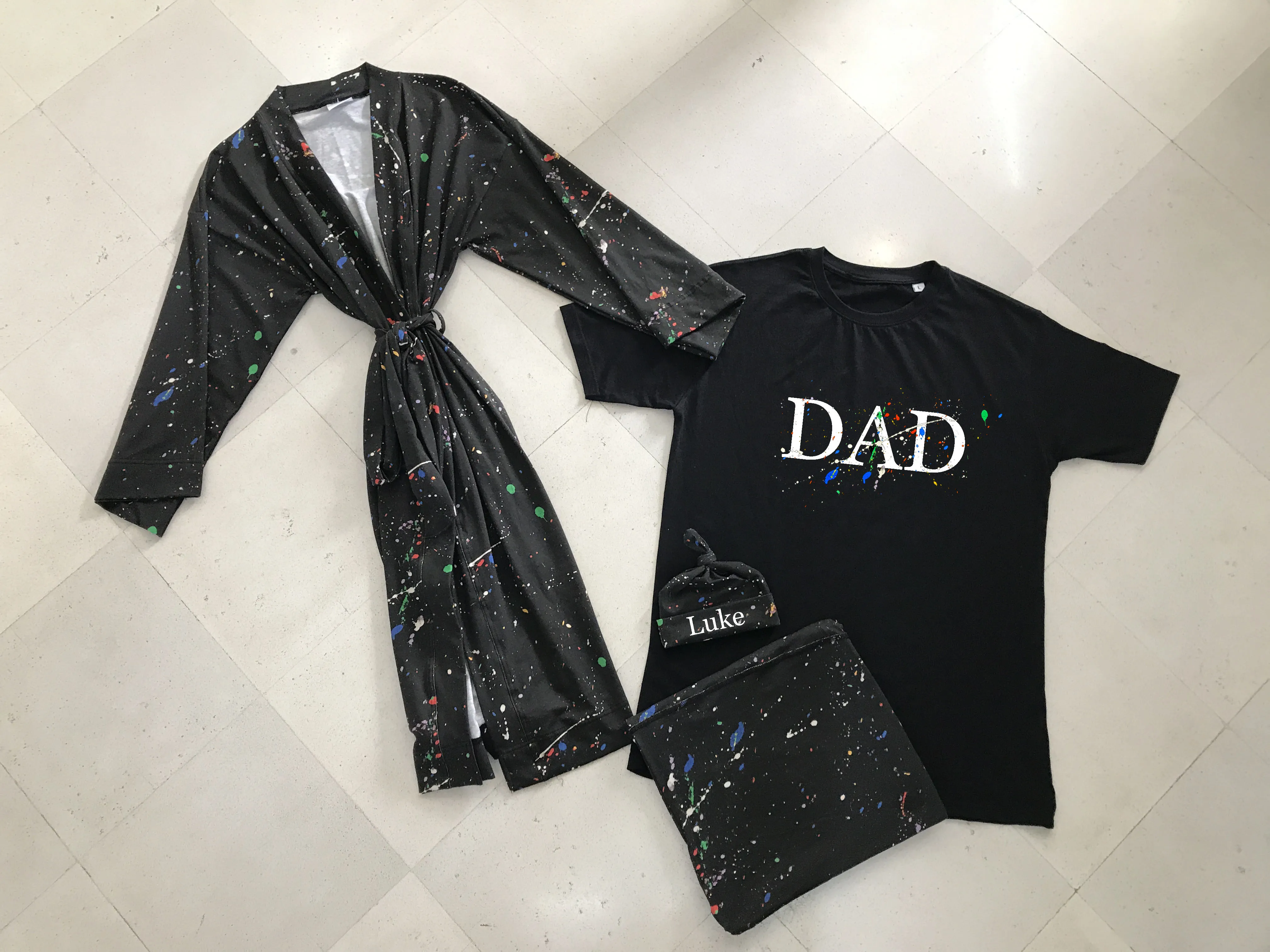 Color Splash Matching Maternity Family Outfit Set  Robe, Swaddle, Hat, Dad Tee & Big Sibling Shirt