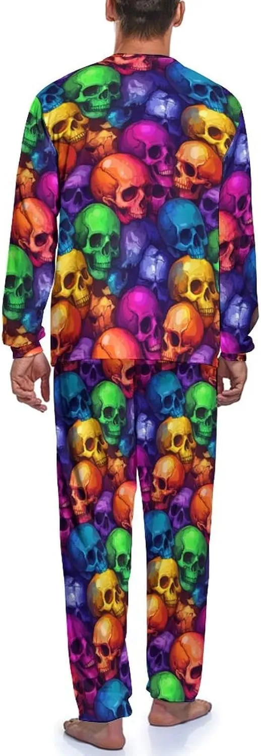 Colorful Skulls Mens Pajamas Set Long Sleeves Sleepwear Loungewear PJ Set Lounge Set Sleep Set