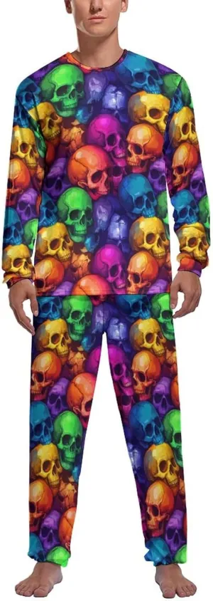 Colorful Skulls Mens Pajamas Set Long Sleeves Sleepwear Loungewear PJ Set Lounge Set Sleep Set