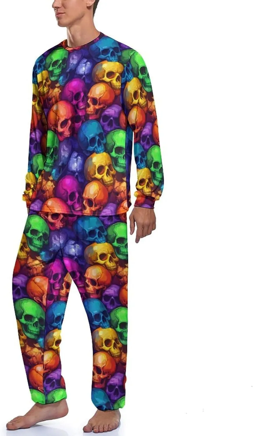 Colorful Skulls Mens Pajamas Set Long Sleeves Sleepwear Loungewear PJ Set Lounge Set Sleep Set