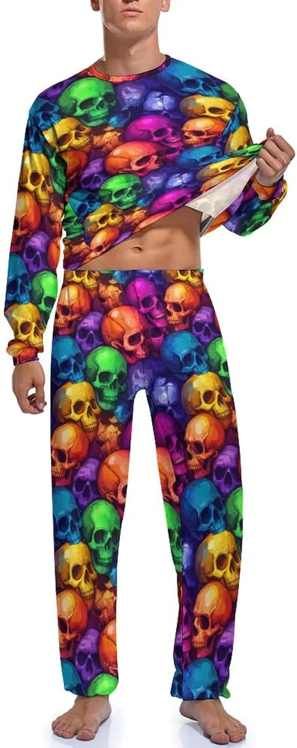 Colorful Skulls Mens Pajamas Set Long Sleeves Sleepwear Loungewear PJ Set Lounge Set Sleep Set