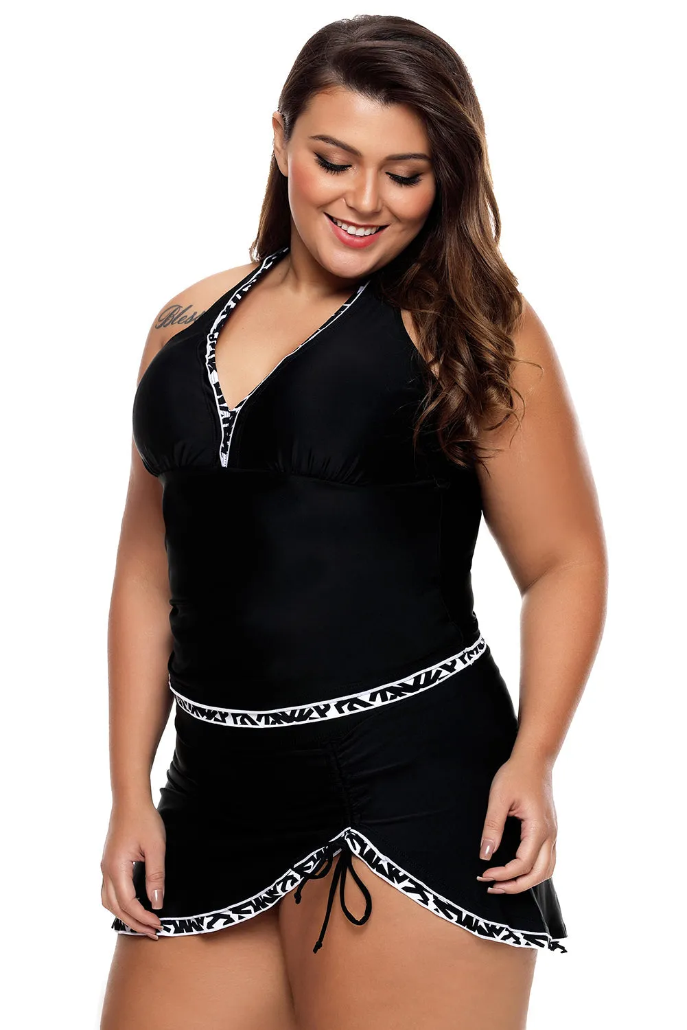 Contrast Trim Halter Tankini Skort Swimsuit