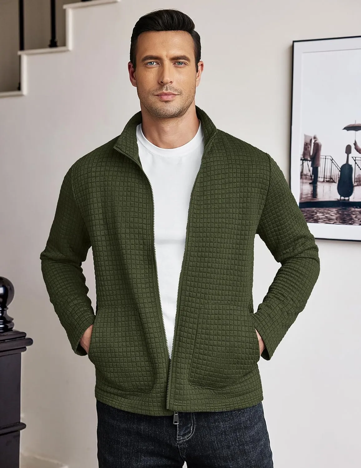 COOFANDY Men's Lightweight Varsity Jacket Casual Bomber Jackets Waffle Zip Up Coat with Pocket