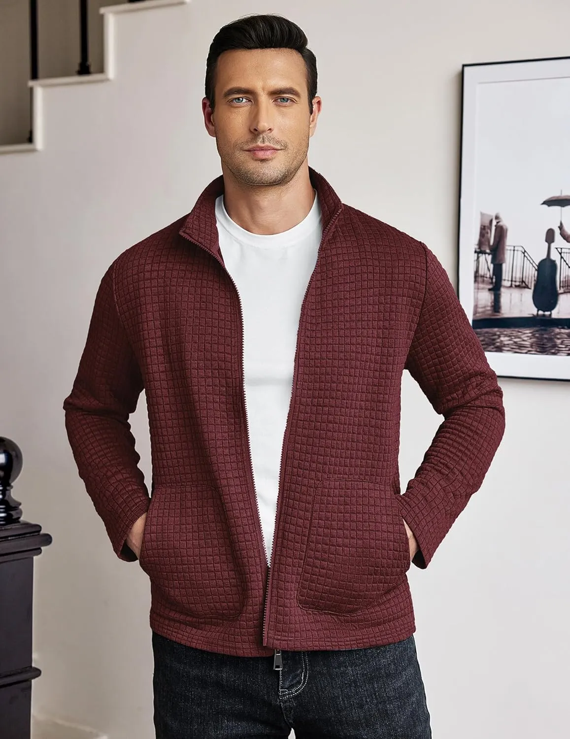 COOFANDY Men's Lightweight Varsity Jacket Casual Bomber Jackets Waffle Zip Up Coat with Pocket