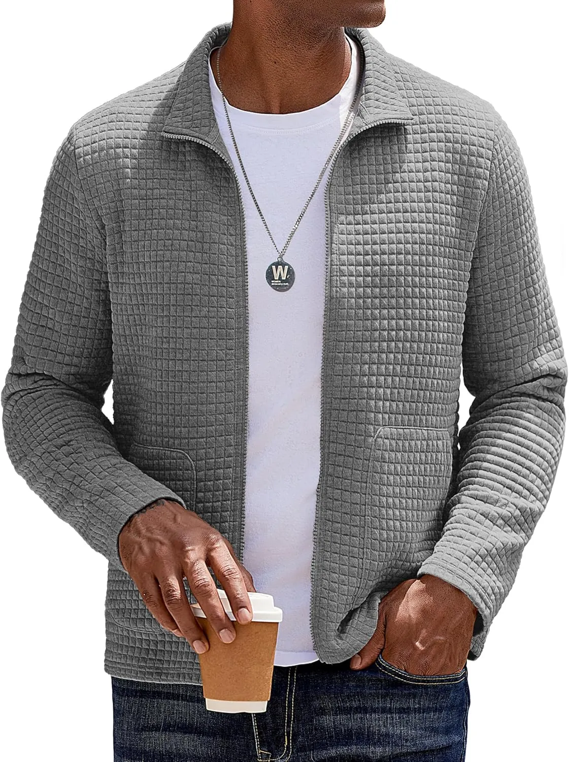 COOFANDY Men's Lightweight Varsity Jacket Casual Bomber Jackets Waffle Zip Up Coat with Pocket