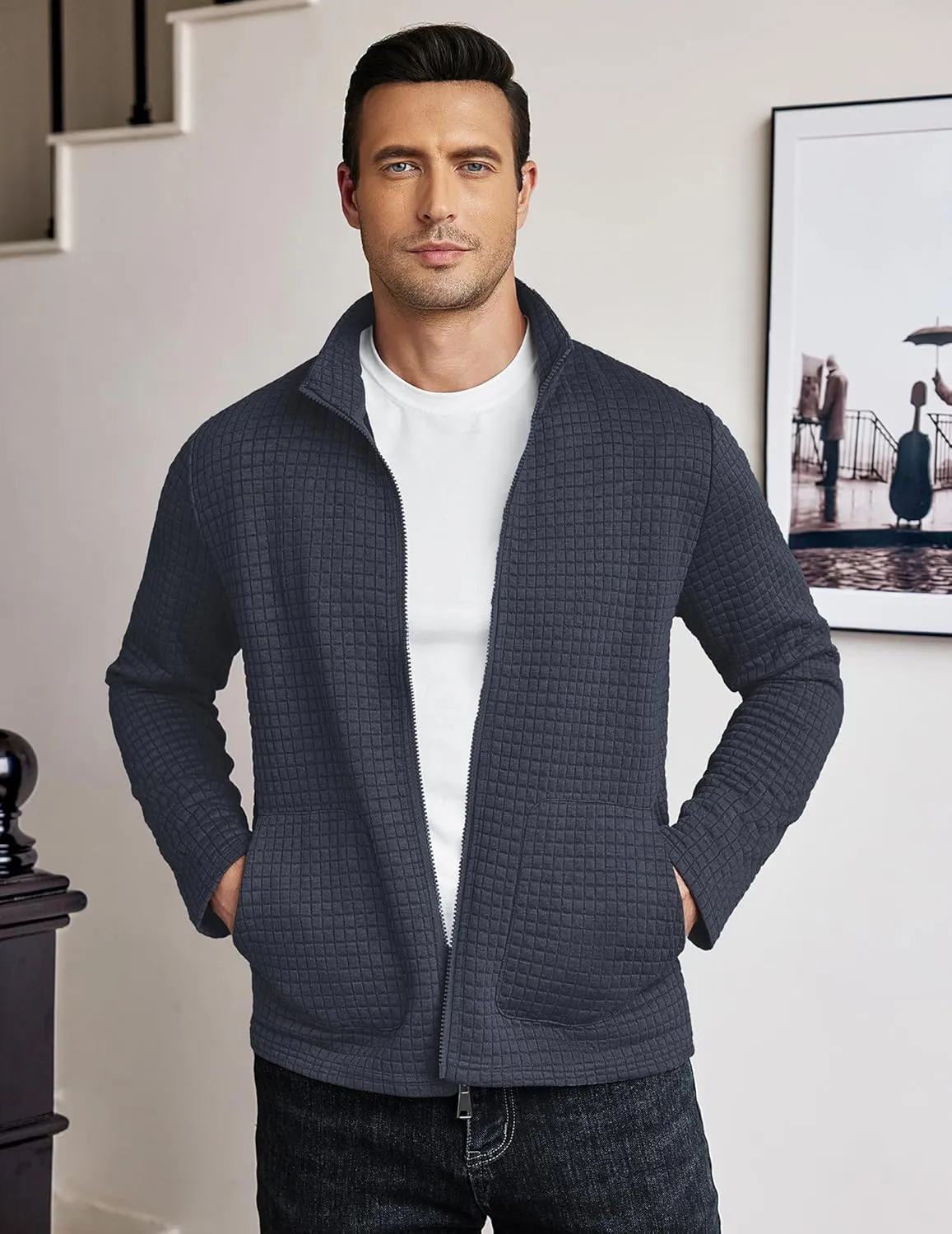 COOFANDY Men's Lightweight Varsity Jacket Casual Bomber Jackets Waffle Zip Up Coat with Pocket