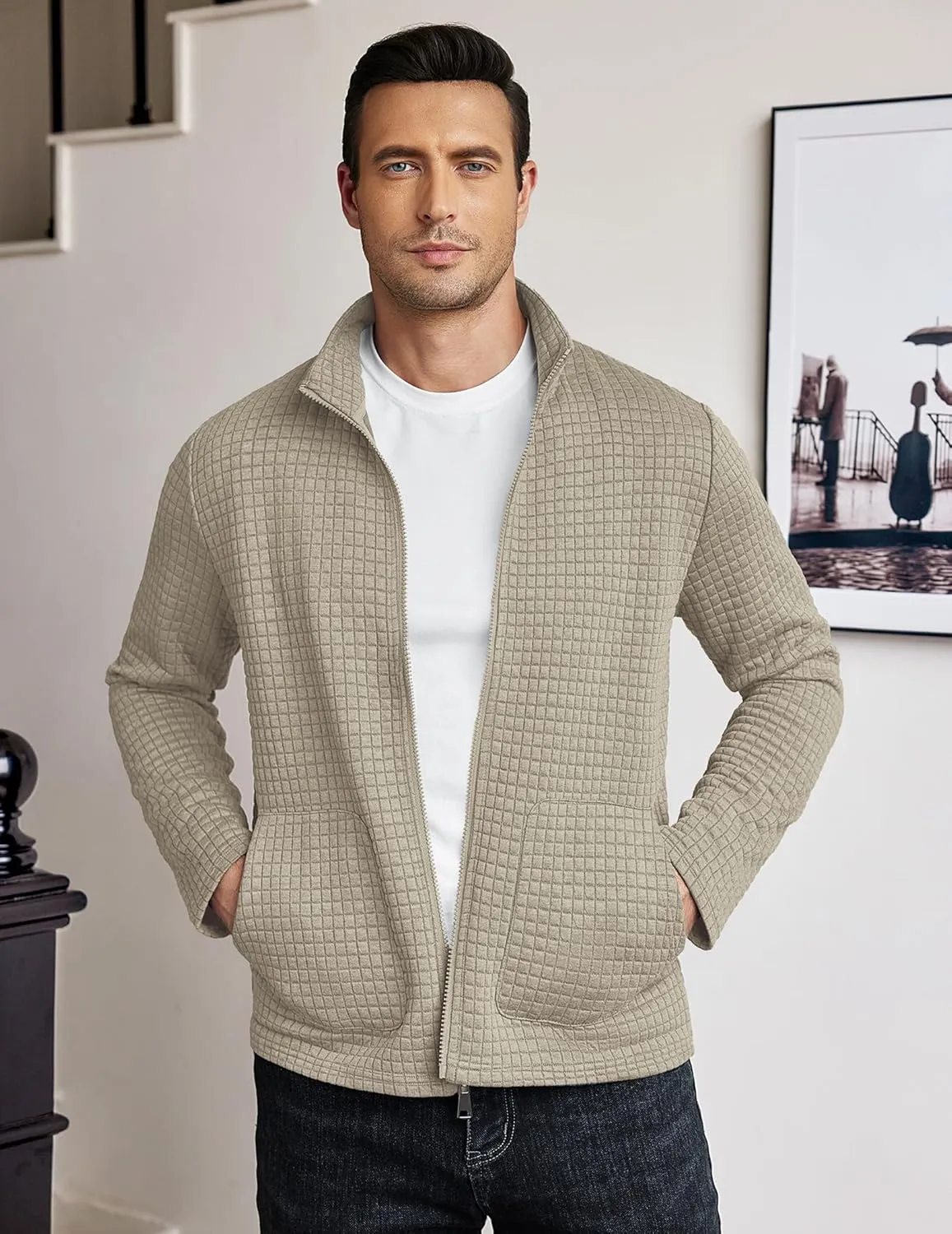COOFANDY Men's Lightweight Varsity Jacket Casual Bomber Jackets Waffle Zip Up Coat with Pocket