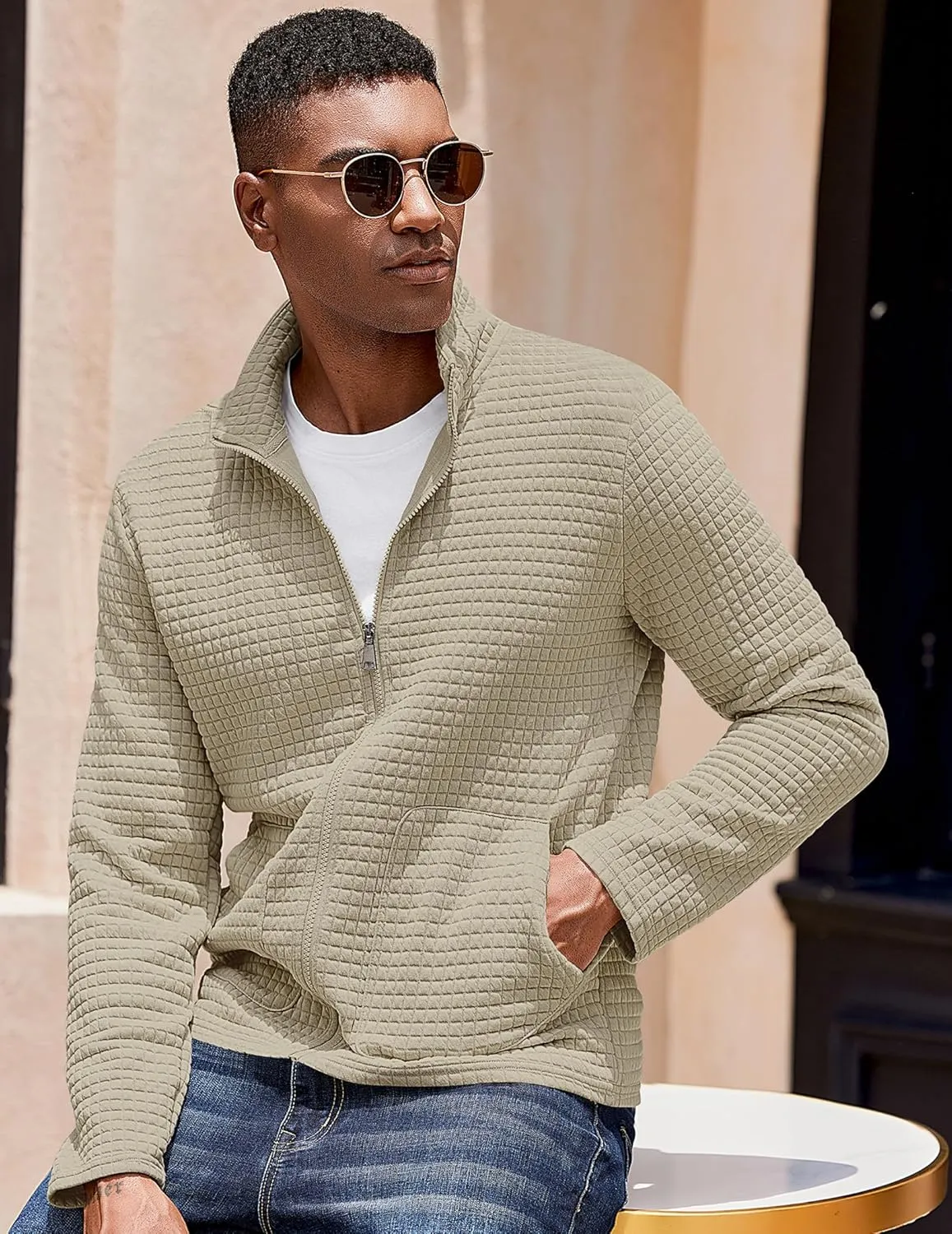 COOFANDY Men's Lightweight Varsity Jacket Casual Bomber Jackets Waffle Zip Up Coat with Pocket