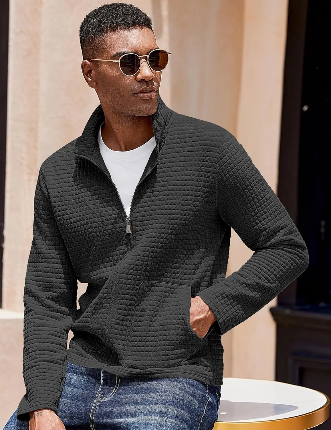 COOFANDY Men's Lightweight Varsity Jacket Casual Bomber Jackets Waffle Zip Up Coat with Pocket