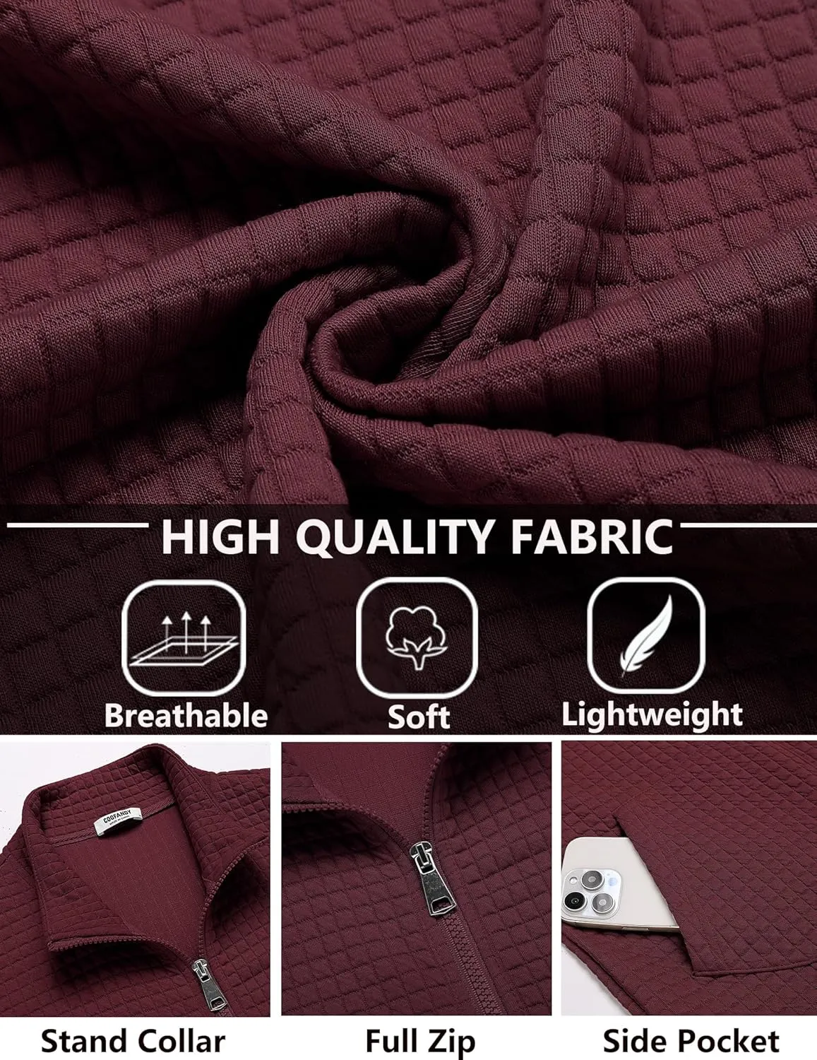 COOFANDY Men's Lightweight Varsity Jacket Casual Bomber Jackets Waffle Zip Up Coat with Pocket