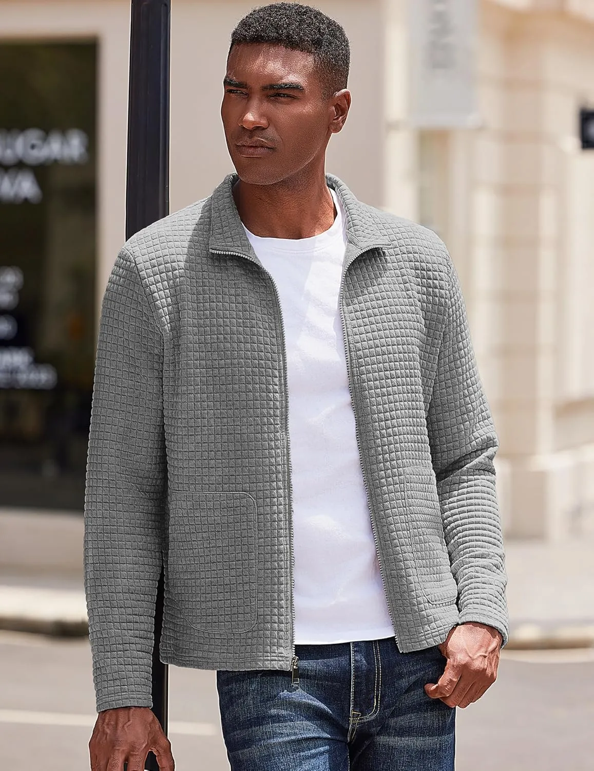 COOFANDY Men's Lightweight Varsity Jacket Casual Bomber Jackets Waffle Zip Up Coat with Pocket