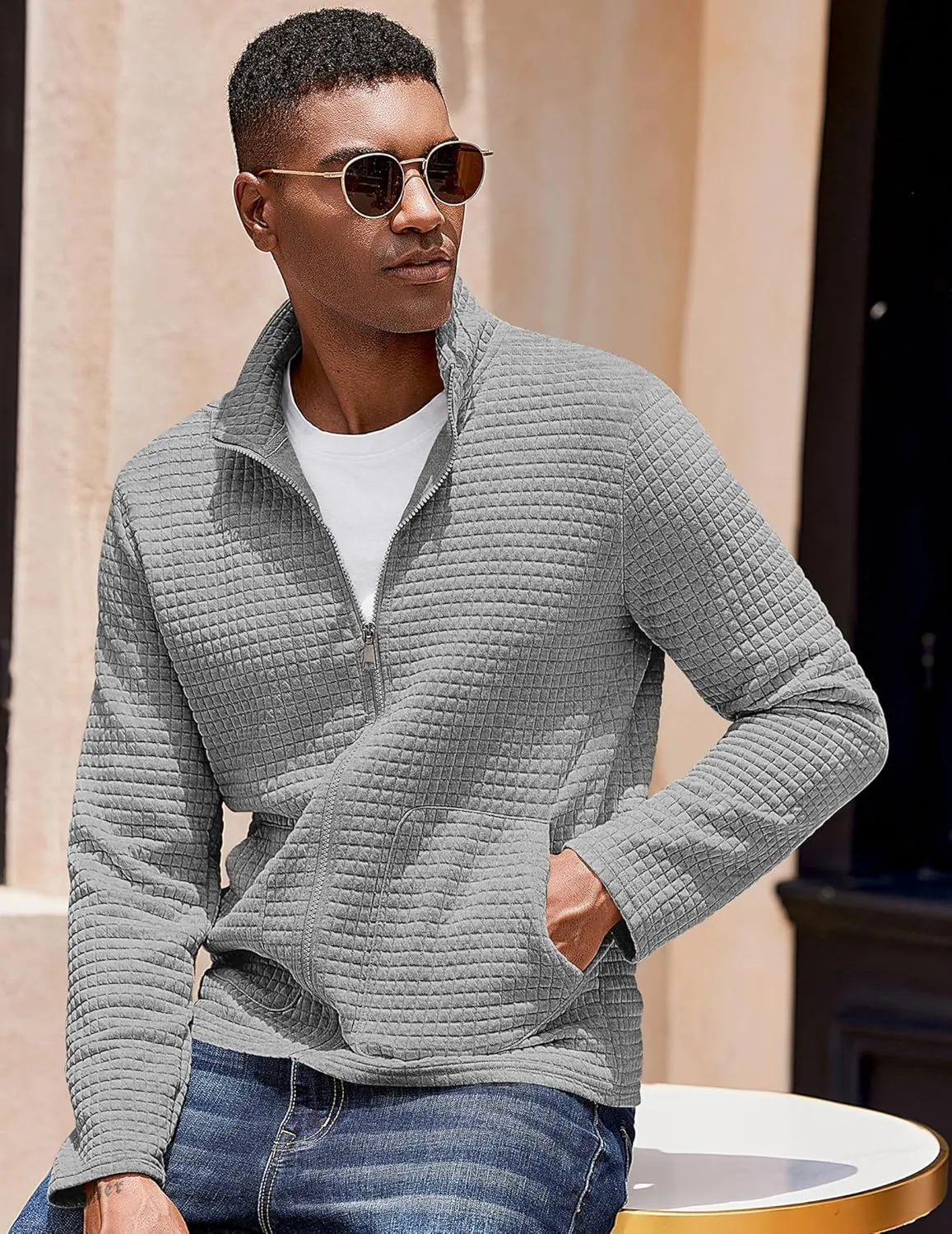COOFANDY Men's Lightweight Varsity Jacket Casual Bomber Jackets Waffle Zip Up Coat with Pocket