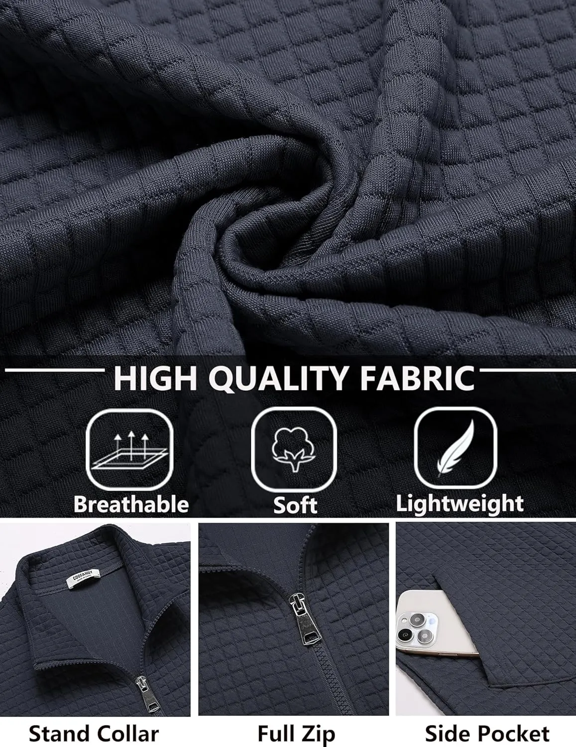 COOFANDY Men's Lightweight Varsity Jacket Casual Bomber Jackets Waffle Zip Up Coat with Pocket