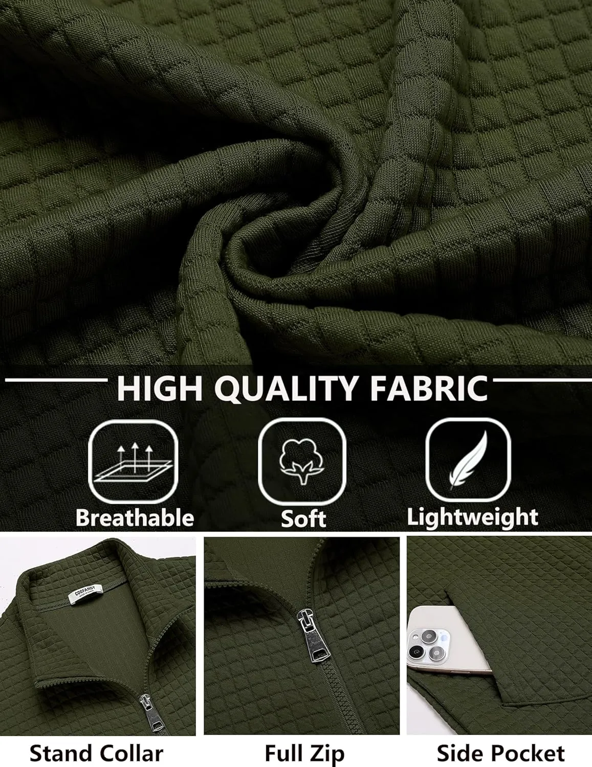 COOFANDY Men's Lightweight Varsity Jacket Casual Bomber Jackets Waffle Zip Up Coat with Pocket