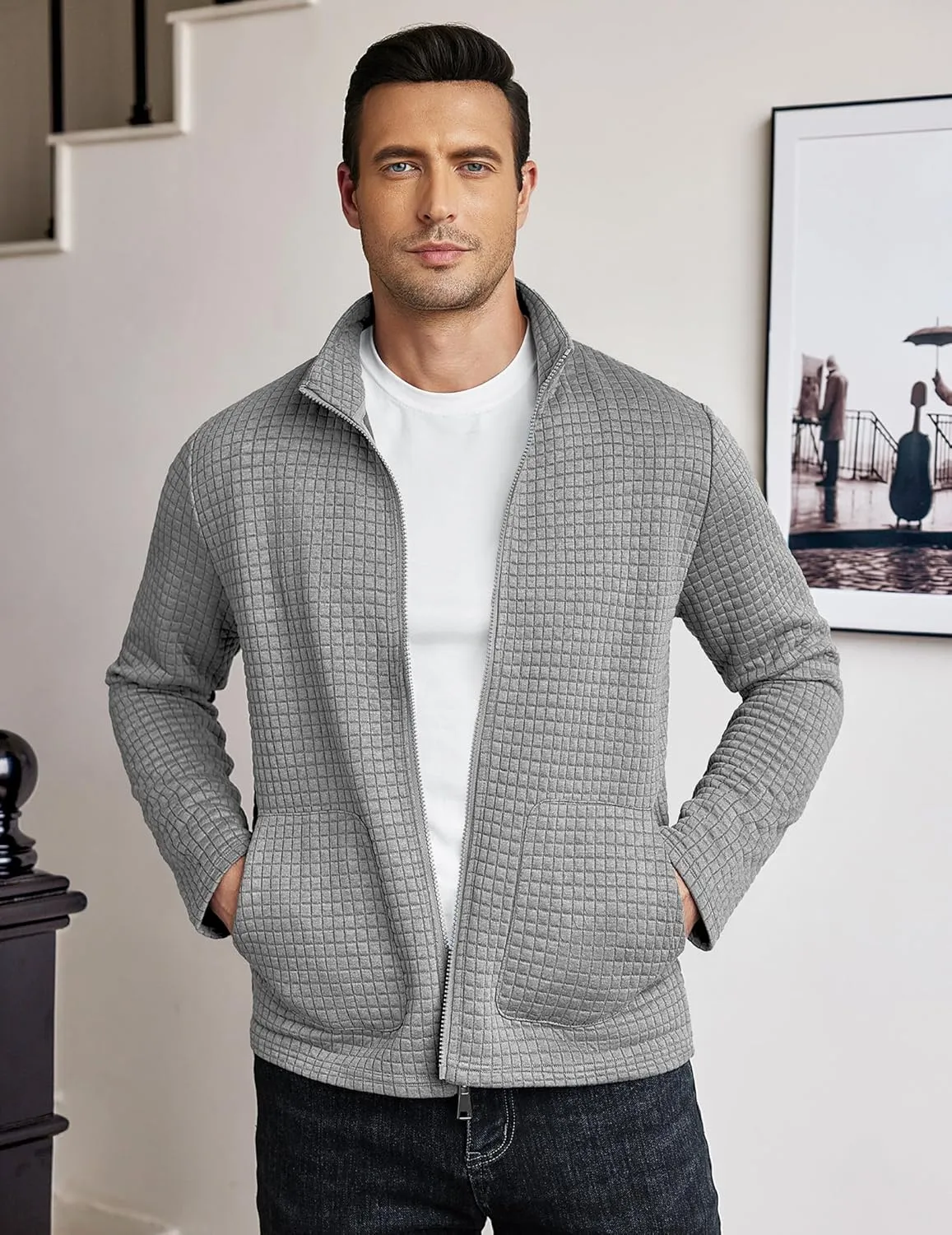 COOFANDY Men's Lightweight Varsity Jacket Casual Bomber Jackets Waffle Zip Up Coat with Pocket