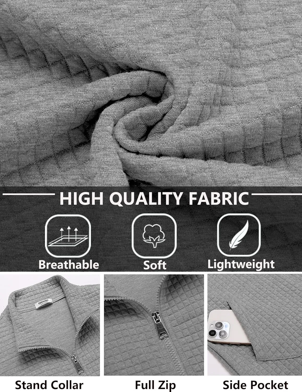 COOFANDY Men's Lightweight Varsity Jacket Casual Bomber Jackets Waffle Zip Up Coat with Pocket