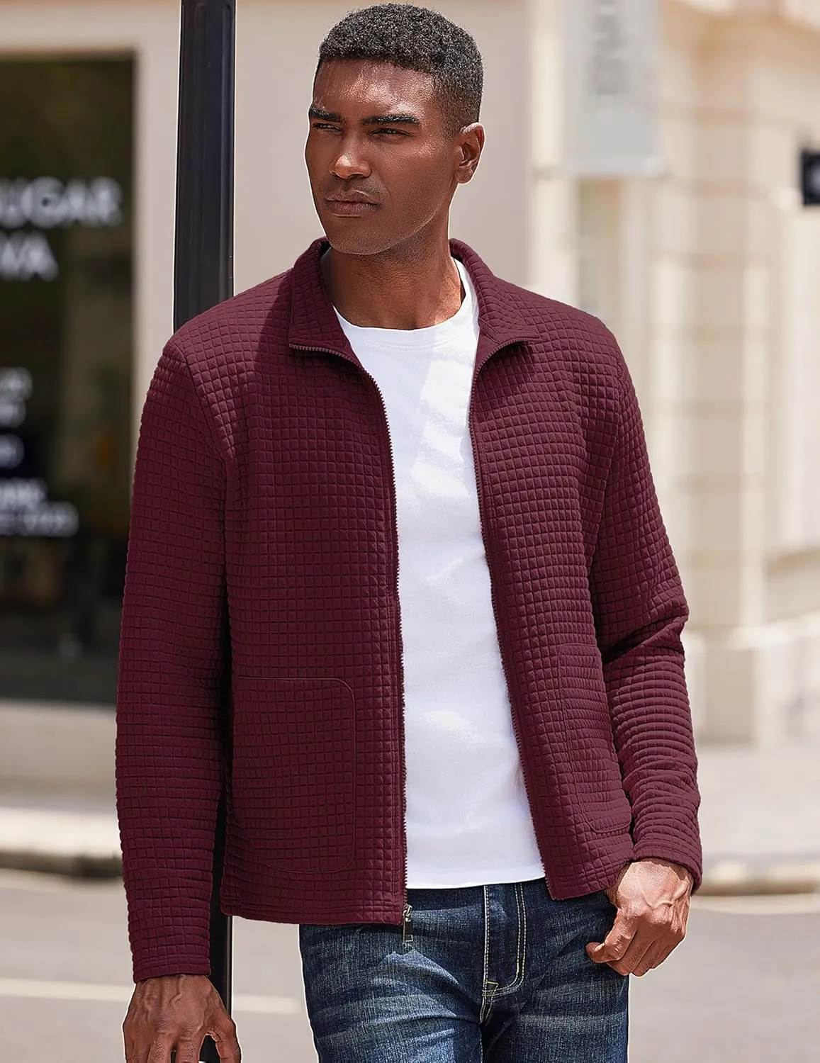 COOFANDY Men's Lightweight Varsity Jacket Casual Bomber Jackets Waffle Zip Up Coat with Pocket