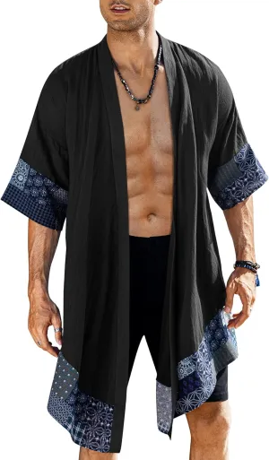 COOFANDY Men's Ruffle Shawl Collar Lightweight Cardigan Long Kimono Jackets Open Front Drape Cape Coat