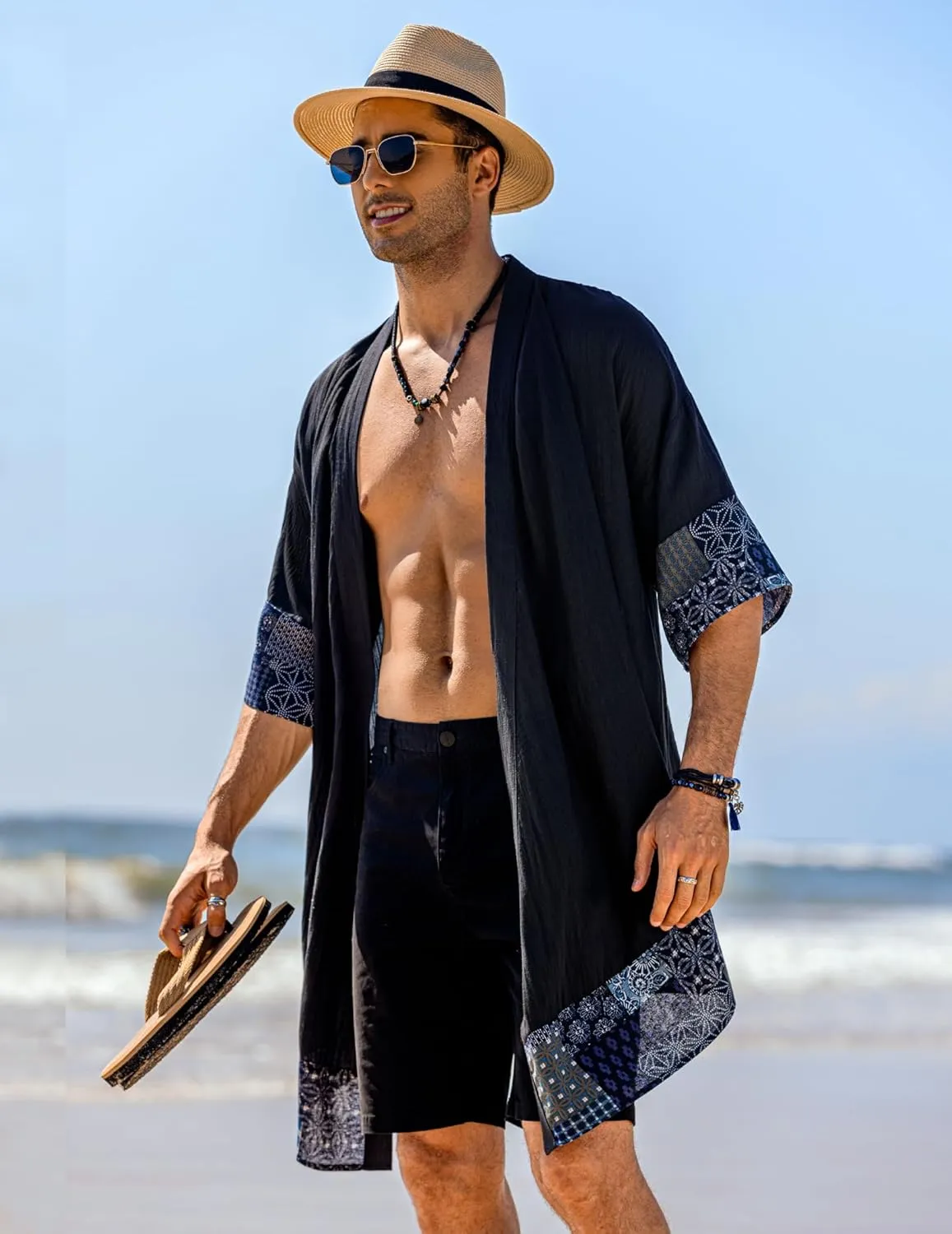 COOFANDY Men's Ruffle Shawl Collar Lightweight Cardigan Long Kimono Jackets Open Front Drape Cape Coat