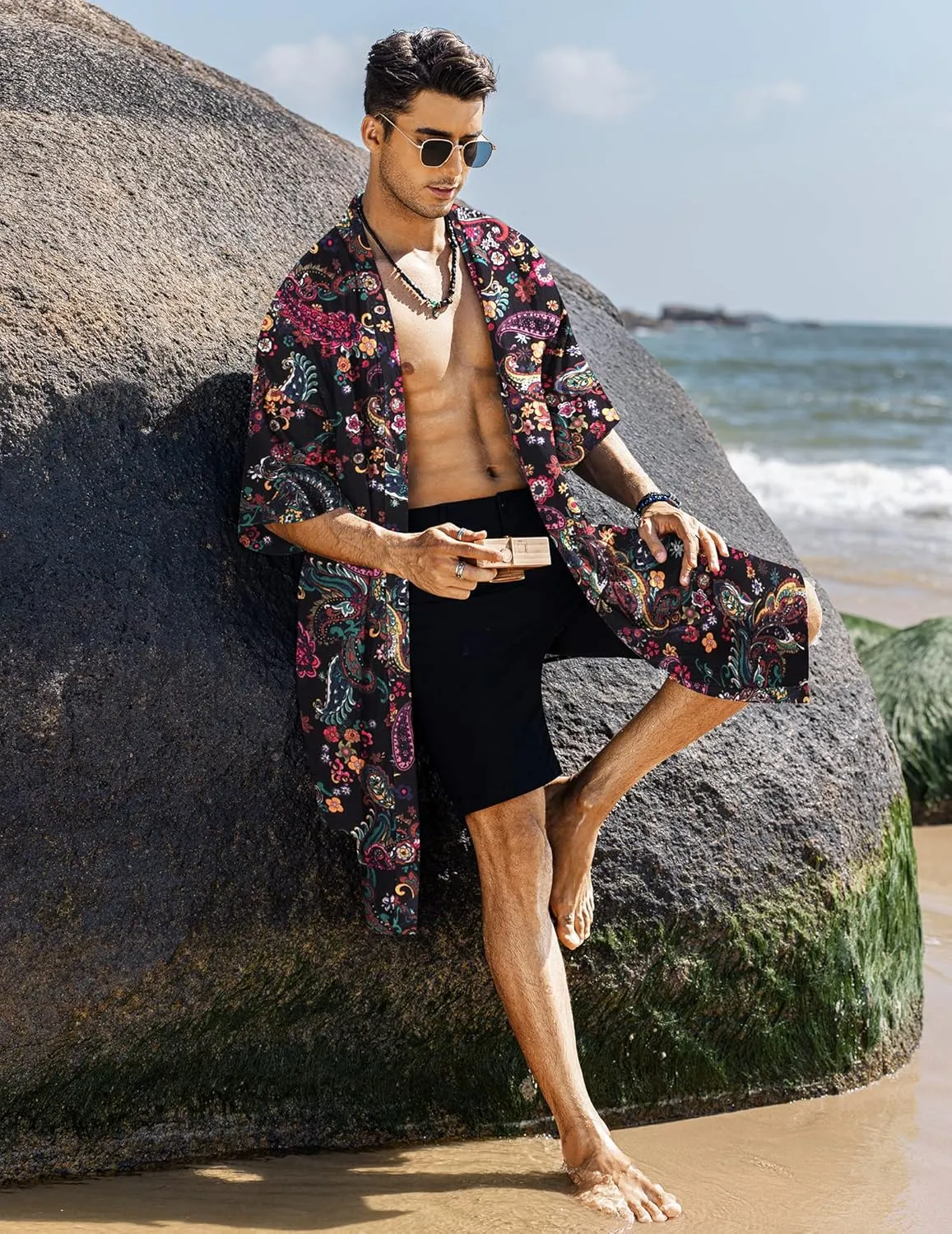COOFANDY Men's Ruffle Shawl Collar Lightweight Cardigan Long Kimono Jackets Open Front Drape Cape Coat