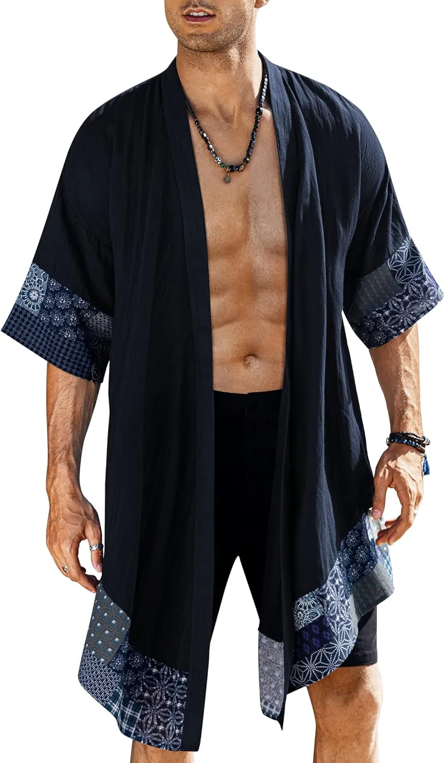 COOFANDY Men's Ruffle Shawl Collar Lightweight Cardigan Long Kimono Jackets Open Front Drape Cape Coat