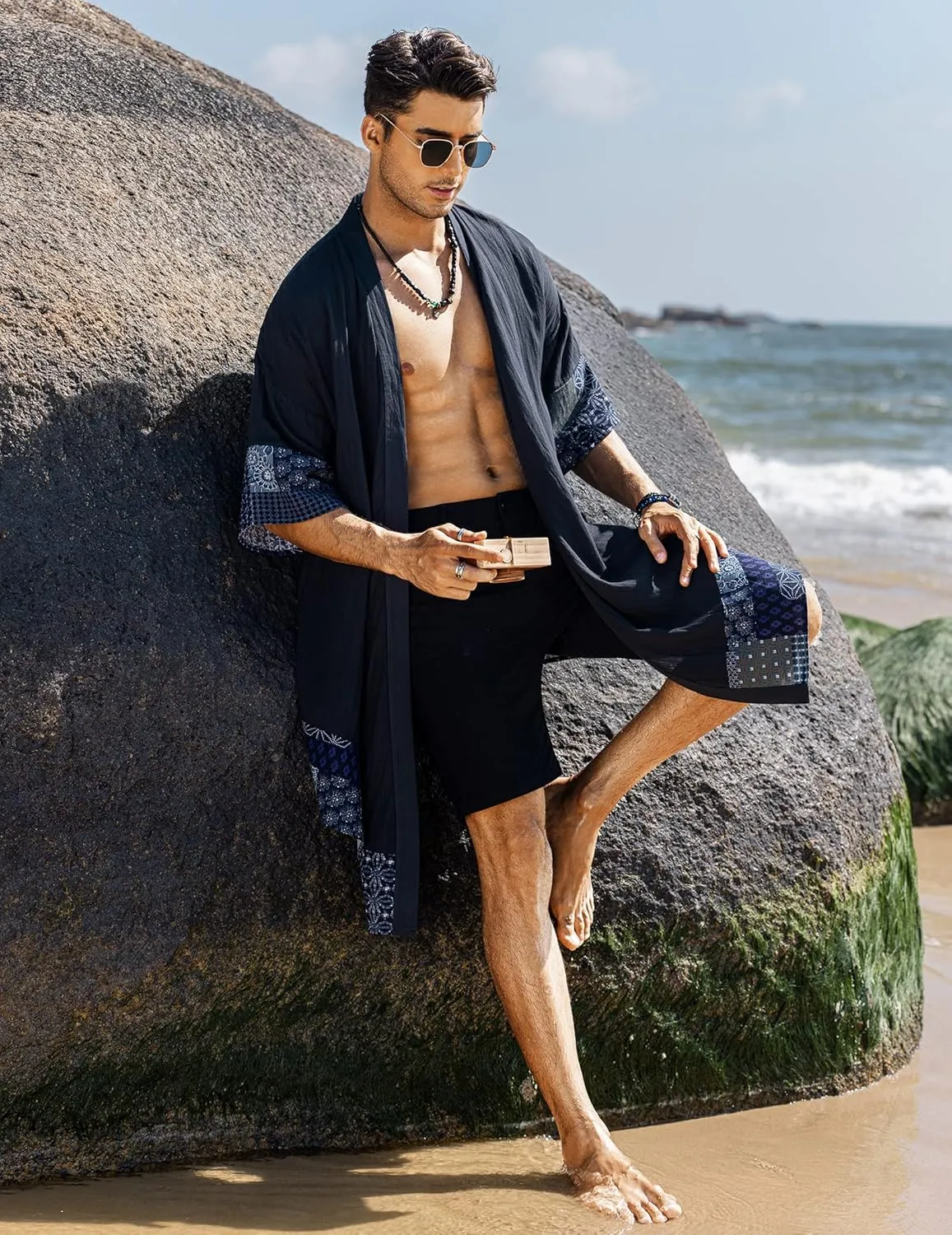 COOFANDY Men's Ruffle Shawl Collar Lightweight Cardigan Long Kimono Jackets Open Front Drape Cape Coat