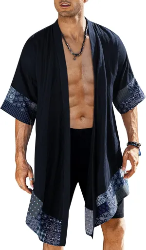 COOFANDY Men's Ruffle Shawl Collar Lightweight Cardigan Long Kimono Jackets Open Front Drape Cape Coat