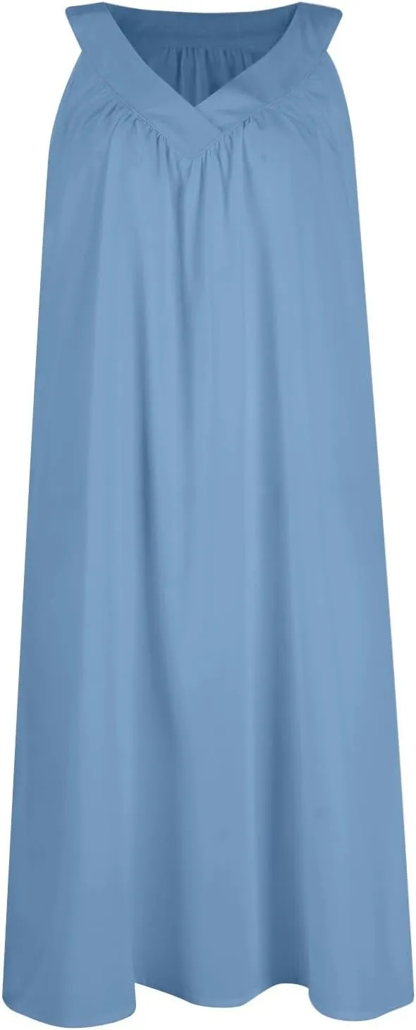 Cotton Nightgowns for Women Sleeveless Soft Lightweight Sleep Dress Summer Comfy Pleated V Neck Night Dress
